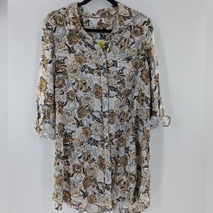 Intro Floral Paisley Button Up Tunic Top XL Boho Earth Tone Roll Tab Sleeve NWT